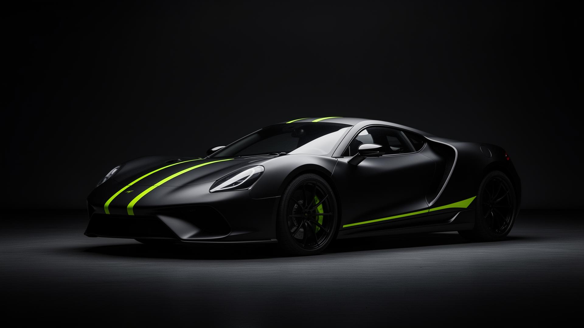 Matte black sports car with lime green accent stripes